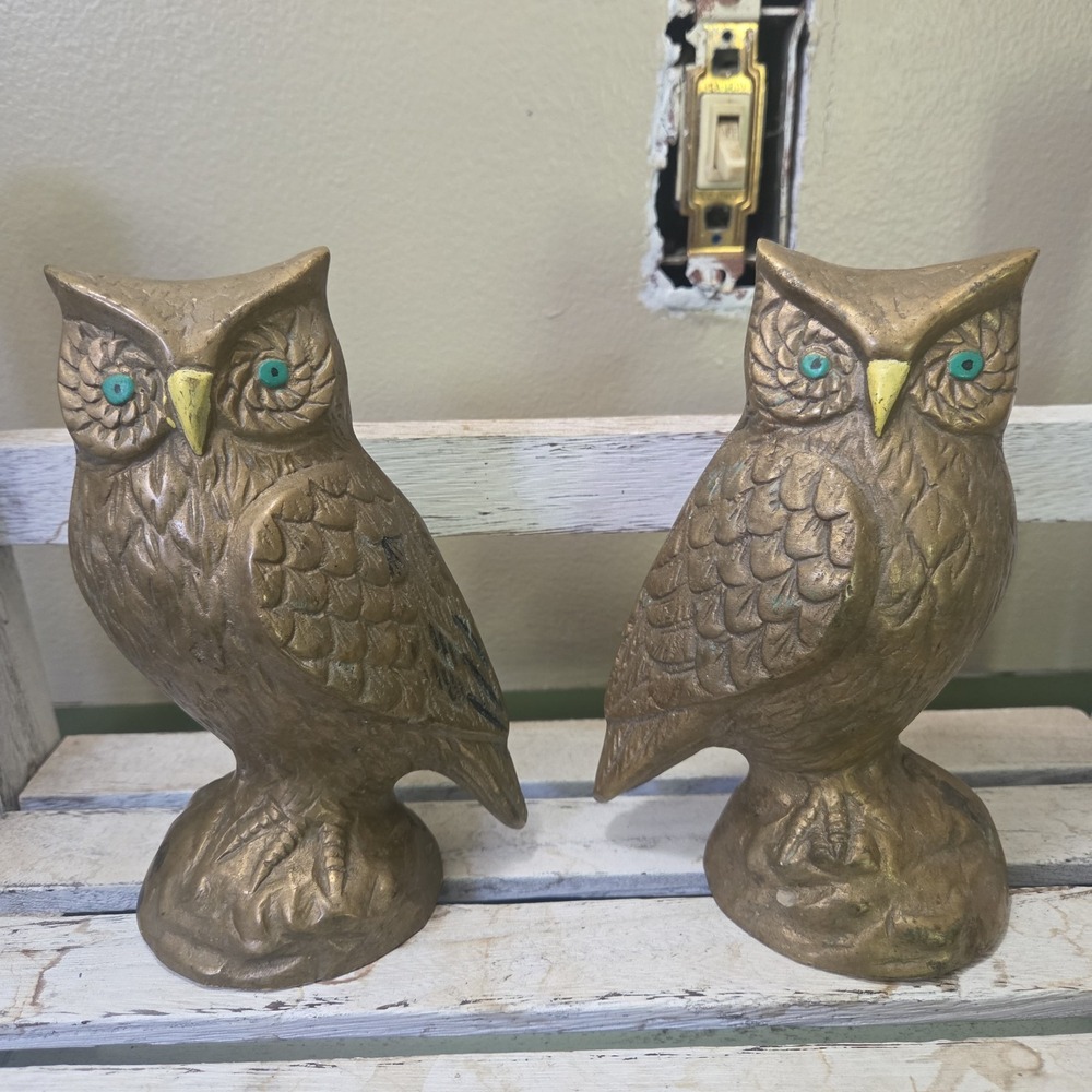 Two Vintage Heavy Gold Tone Brass Tone Barn OWL Bookends MCM Style Shelf Sitter